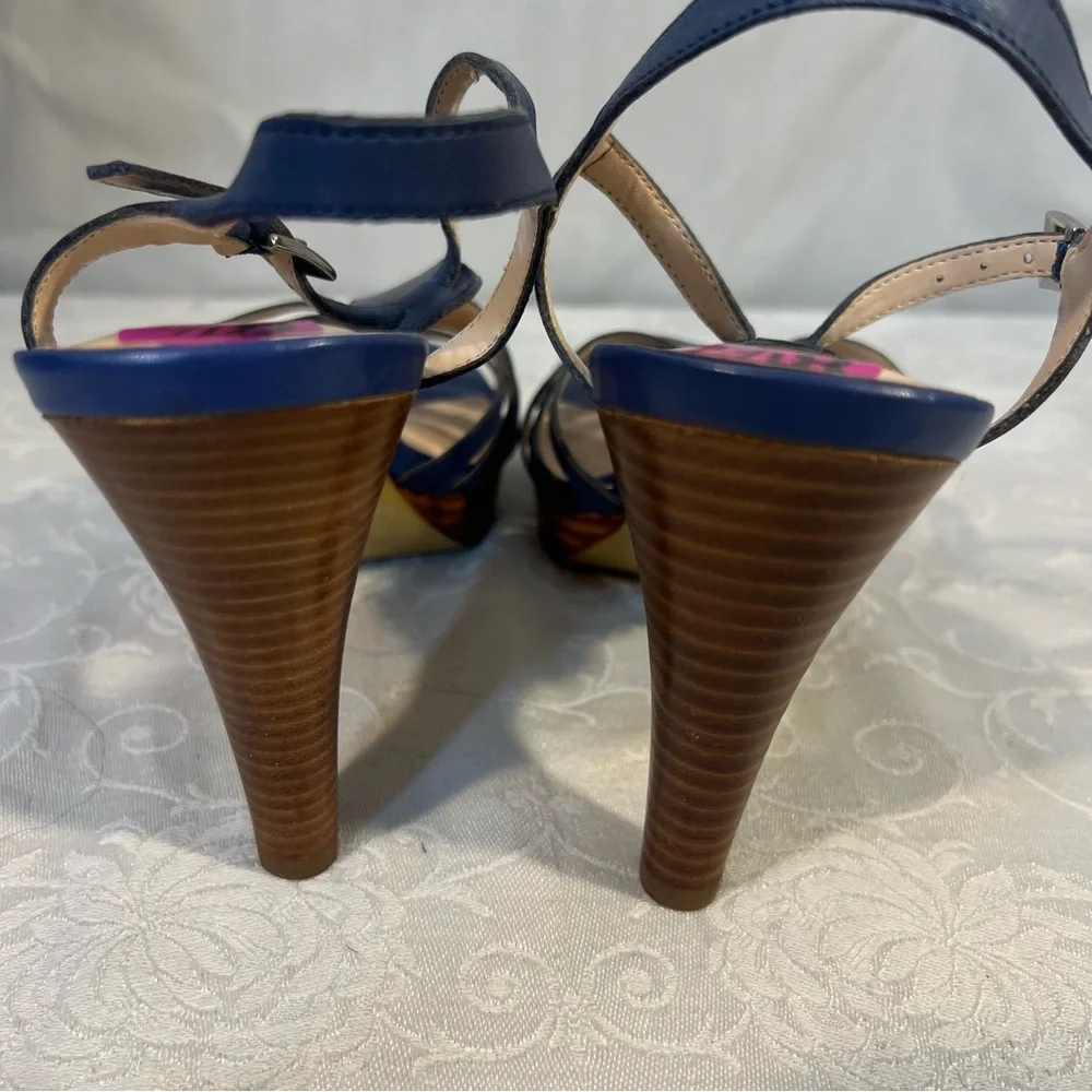 Franco Sarto Sandals Blue Leather Woven Strappy 4” Heels Buckle Closure 8.5👍